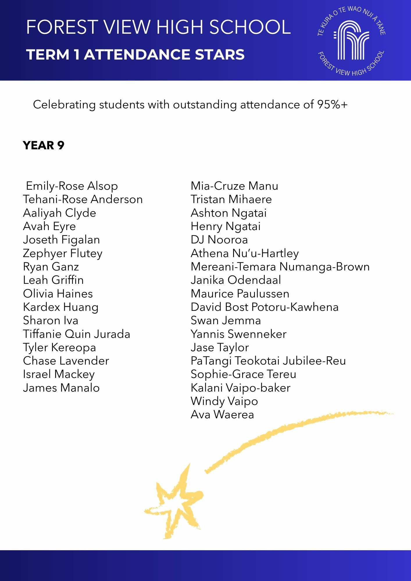 Year 9 Term 1 Attendance stars